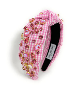 Pink Gingham Jeweled Knot Headband