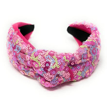 Load image into Gallery viewer, headband for women, summer Knot headband, pink headband, Summer knotted headband, Multicolor top knot headband, multi color top knotted headband, multicolor knotted headband, Bright knot headband, pink Sequin hair band, pink sequin knot headbands, pink knot headband, statement headbands, top knotted headband, knotted headband, Multicolor accessories, embellished headband, gemstone knot headband, luxury headband, embellished knot headband, multicolor knot headband, summer knot embellished headband