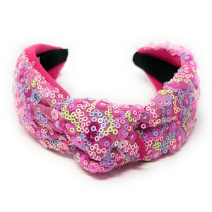 headband for women, summer Knot headband, pink headband, Summer knotted headband, Multicolor top knot headband, multi color top knotted headband, multicolor knotted headband, Bright knot headband, pink Sequin hair band, pink sequin knot headbands, pink knot headband, statement headbands, top knotted headband, knotted headband, Multicolor accessories, embellished headband, gemstone knot headband, luxury headband, embellished knot headband, multicolor knot headband, summer knot embellished headband