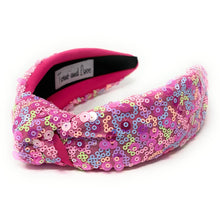 Load image into Gallery viewer, headband for women, summer Knot headband, pink headband, Summer knotted headband, Multicolor top knot headband, multi color top knotted headband, multicolor knotted headband, Bright knot headband, pink Sequin hair band, pink sequin knot headbands, pink knot headband, statement headbands, top knotted headband, knotted headband, Multicolor accessories, embellished headband, gemstone knot headband, luxury headband, embellished knot headband, multicolor knot headband, summer knot embellished headband