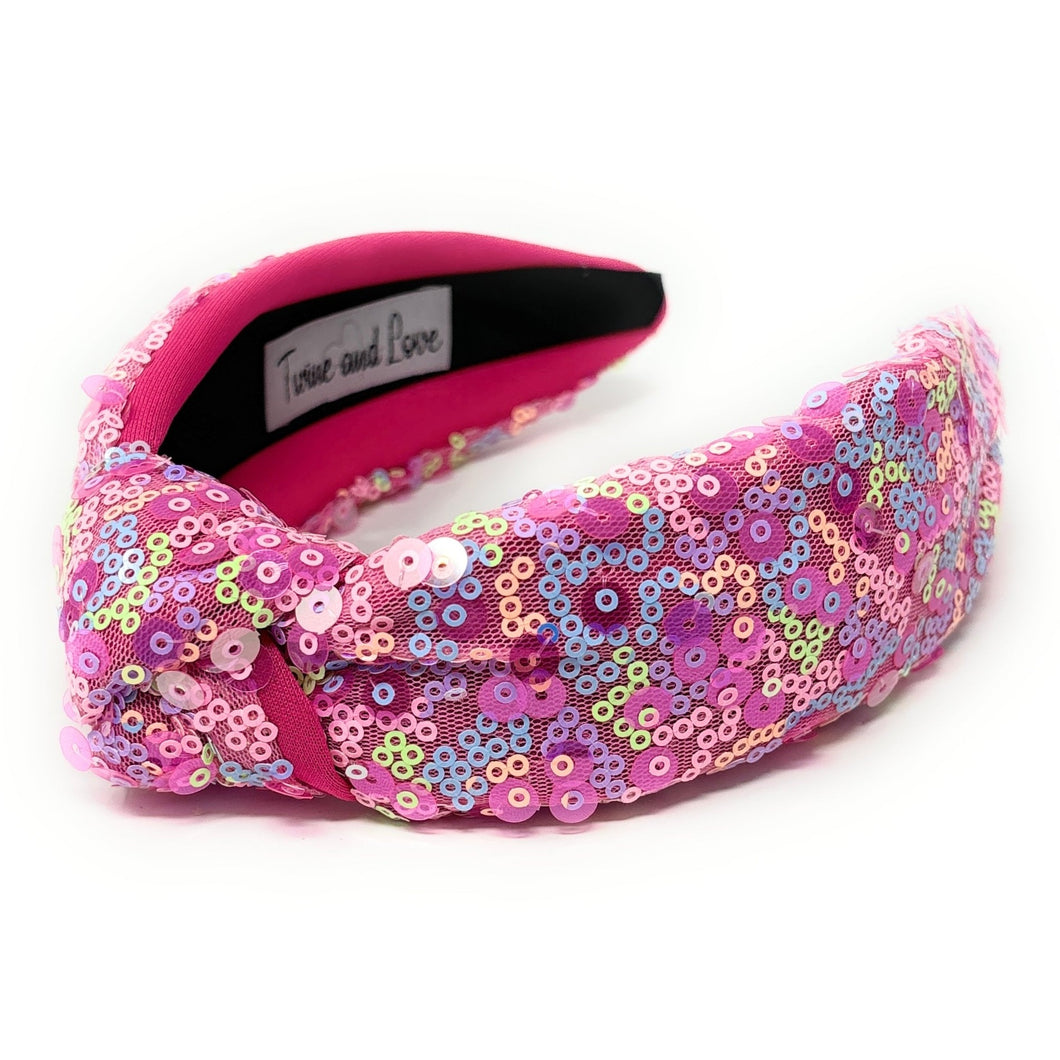 headband for women, summer Knot headband, pink headband, Summer knotted headband, Multicolor top knot headband, multi color top knotted headband, multicolor knotted headband, Bright knot headband, pink Sequin hair band, pink sequin knot headbands, pink knot headband, statement headbands, top knotted headband, knotted headband, Multicolor accessories, embellished headband, gemstone knot headband, luxury headband, embellished knot headband, multicolor knot headband, summer knot embellished headband