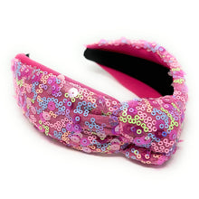 Load image into Gallery viewer, headband for women, summer Knot headband, pink headband, Summer knotted headband, Multicolor top knot headband, multi color top knotted headband, multicolor knotted headband, Bright knot headband, pink Sequin hair band, pink sequin knot headbands, pink knot headband, statement headbands, top knotted headband, knotted headband, Multicolor accessories, embellished headband, gemstone knot headband, luxury headband, embellished knot headband, multicolor knot headband, summer knot embellished headband