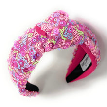 Load image into Gallery viewer, headband for women, summer Knot headband, pink headband, Summer knotted headband, Multicolor top knot headband, multi color top knotted headband, multicolor knotted headband, Bright knot headband, pink Sequin hair band, pink sequin knot headbands, pink knot headband, statement headbands, top knotted headband, knotted headband, Multicolor accessories, embellished headband, gemstone knot headband, luxury headband, embellished knot headband, multicolor knot headband, summer knot embellished headband