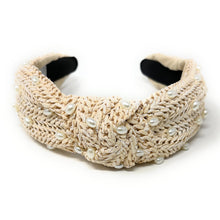 Load image into Gallery viewer, headband for woman, fashion headbands, pink raffia knot headband, woven headbands for women, stylish headbands, raffia headband style, top knot headband, woven top knot headband, ivory headband, raffia hair band, pink raffia headband, raffia woven headband, women top knot headband, best selling items, ivory knot headband, woven top knot headband, handmade headbands, top knotted headband, knotted headband, boho headband, summer headband, solid color headband, resort headband