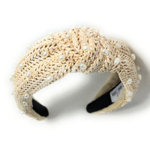 Load image into Gallery viewer, headband for woman, fashion headbands, pink raffia knot headband, woven headbands for women, stylish headbands, raffia headband style, top knot headband, woven top knot headband, ivory headband, raffia hair band, pink raffia headband, raffia woven headband, women top knot headband, best selling items, ivory knot headband, woven top knot headband, handmade headbands, top knotted headband, knotted headband, boho headband, summer headband, solid color headband, resort headband