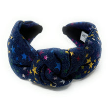 Load image into Gallery viewer, headband for women, denim knot headband, handmade gifts, stylish headbands, dark denim headband, top knot headband, denim top knot headband, bejeweled denim headband, denim polka hairband, trendy headbands, handmade headbands, top knotted headband, knotted headband, trendy headband, fashion headbands, denim stars headband, stars headband, gemstone headband for women, dark blue denim headband, denim headband for women, dark denim headband, best selling items, summer headband