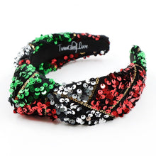 Load image into Gallery viewer, Christmas Jeweled Headband, Christmas Knotted Headband, red green Knotted Headband, Christmas Hair Accessories, Red Headband, Best Seller, headbands for women, best selling items, knotted headband, hairbands for women, Christmas gifts, Christmas knot Headband, Red hair accessories, Christmas headband, holiday headband, Statement headband, Red Headband gifts, embellished knot headband, jeweled knot headband, sequin Jeweled headband, Red Embellished headband, Christmas embellished headband