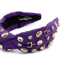Load image into Gallery viewer, purple gold headband, Geaux tigers Headband, purple Jeweled Knot Headband, Game Day Headband, gameday headband, Purple Gold Knot headband, College Game Day Headband, LSU Knot Headband, Geaux tigers, Geaux college team, college headbands, football college headbands, Football headbands, Basketball headbands, best friend gift, college game day gift, Geaux tigahs headband, gold purple headband, LSU gifts, Clemson tigers headband, college gifts, college football coin purse, Geaux tailgating outfits
