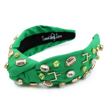 Load image into Gallery viewer, green gold knot headband, green jeweled knot headband, GameDay headband, green gold embellished headband, green gold knotted headband, College Game day headband, college knotted headband, green bay Packers headband, Baylor bears headband, best friend gift, college go bears, college game day gift, baylor bear knot headband, Baylor university college gifts, Seattle Seahawks headband, college gifts, Michigan state football headband, Baylor bear tailgating outfit, Notre Dame headband, Football team headband