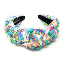 Load image into Gallery viewer, headband for women, summer Knot headband, Summer lover headband, turquoise knotted headband, floral top knot headband, turquoise top knotted headband, multicolor knotted headband, pink rose headband, floral print hair band, flowers knot headbands, flowers headband, statement headbands, top knotted headband, knotted headband, turquoise hair accessories, embellished headband, gemstone knot headband, luxury headband, embellished knot headband, jeweled knot headband, summer knot embellished headband