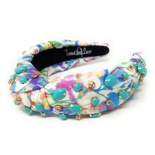 Load image into Gallery viewer, headband for women, summer Knot headband, Summer lover headband, turquoise knotted headband, floral top knot headband, turquoise top knotted headband, multicolor knotted headband, pink rose headband, floral print hair band, flowers knot headbands, flowers headband, statement headbands, top knotted headband, knotted headband, turquoise hair accessories, embellished headband, gemstone knot headband, luxury headband, embellished knot headband, jeweled knot headband, summer knot embellished headband
