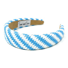 Load image into Gallery viewer, headbands for women, baroque headband, handmade headbands, light blue headband, blue headband, hair band for women, raffia headband, padded headband, light blue raffia headband, luxury headband, jeweled headband, blue knot headband, raffia baroque headband, resort headband, vacation headband, summer headband, raffia accessories, resort accessories, vacation must have, summer hair accessories, blue white headband, Summer headband, handmade headband, custom headbands, handmade gifts