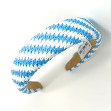 Load image into Gallery viewer, headbands for women, baroque headband, handmade headbands, light blue headband, blue headband, hair band for women, raffia headband, padded headband, light blue raffia headband, luxury headband, jeweled headband, blue knot headband, raffia baroque headband, resort headband, vacation headband, summer headband, raffia accessories, resort accessories, vacation must have, summer hair accessories, blue white headband, Summer headband, handmade headband, custom headbands, handmade gifts