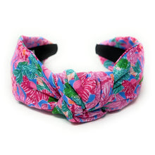 Load image into Gallery viewer, headband for women, pink blue knot headband, headbands for women, tropical headband, multicolor headband, colorful top knot headband, pink blue top knot headband, pink green knot headband, summer hairband, trendy headbands, handmade headbands, pink top knotted headband, knotted headband, custom headband, fashion headbands, handmade headband, summer headband, vacation headband, resort headband, handmade gifts, headband for women, best selling items, resort style, resort accessories