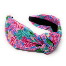 Load image into Gallery viewer, headband for women, pink blue knot headband, headbands for women, tropical headband, multicolor headband, colorful top knot headband, pink blue top knot headband, pink green knot headband, summer hairband, trendy headbands, handmade headbands, pink top knotted headband, knotted headband, custom headband, fashion headbands, handmade headband, summer headband, vacation headband, resort headband, handmade gifts, headband for women, best selling items, resort style, resort accessories