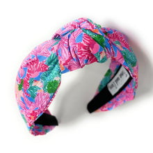 Load image into Gallery viewer, headband for women, pink blue knot headband, headbands for women, tropical headband, multicolor headband, colorful top knot headband, pink blue top knot headband, pink green knot headband, summer hairband, trendy headbands, handmade headbands, pink top knotted headband, knotted headband, custom headband, fashion headbands, handmade headband, summer headband, vacation headband, resort headband, handmade gifts, headband for women, best selling items, resort style, resort accessories