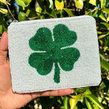 Load image into Gallery viewer, St. Patrick&#39;s Day Beaded Purse, Four Leaf Clover Coin Purse, Lucky Green Accessories, Coin Purse Pouch, Beaded Coin Purse, Best Irish Gifts, beaded coin purse, coin pouch, coin purse, best friend gifts, boho purse, boho pouch, gift card pouch, best selling items, party favor gifts, st patricks party favor gifts, beaded purse, small purse, gift card holder, st patricks day gift, st patricks day purse, irish gifts, green gifts, lucky charm gift, four clover leaf pouch
