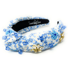 Load image into Gallery viewer, headband for women, summer Knot headband, Summer lover headband, Daisy knotted headband, floral top knot headband, light blue top knotted headband, multicolor knotted headband, White flowers headband, floral blue print hair band, flowers knot headbands, flowers headband, statement headbands, top knotted headband, knotted headband, Blue hair accessories, embellished headband, gemstone knot headband, luxury headband, embellished knot headband, jeweled knot headband, summer knot embellished headband