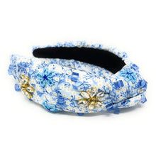 Load image into Gallery viewer, headband for women, summer Knot headband, Summer lover headband, Daisy knotted headband, floral top knot headband, light blue top knotted headband, multicolor knotted headband, White flowers headband, floral blue print hair band, flowers knot headbands, flowers headband, statement headbands, top knotted headband, knotted headband, Blue hair accessories, embellished headband, gemstone knot headband, luxury headband, embellished knot headband, jeweled knot headband, summer knot embellished headband