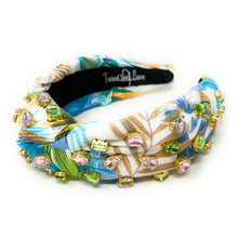 Load image into Gallery viewer, headband for women, summer Knot headband, Summer lover headband, tropical knotted headband, floral top knot headband, tropical top knotted headband, multicolor knotted headband, multicolor print headband, tropical print hair band, flowers knot headbands, Summer headband, statement headbands, top knotted headband, knotted headband, tropical hair accessories, embellished headband, gemstone knot headband, luxury headband, embellished knot headband, jeweled knot headband, summer knot embellished headband
