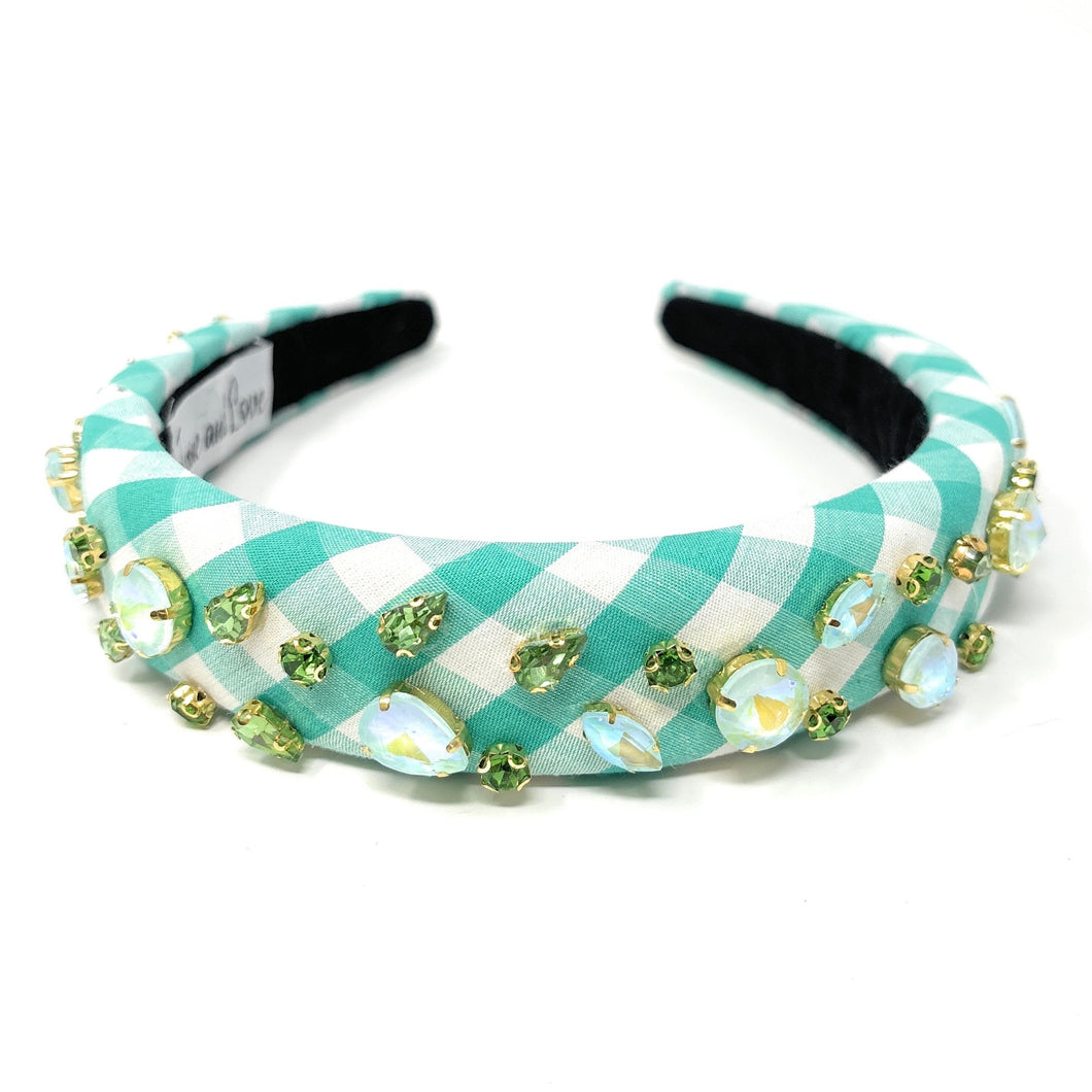 headbands for women, baroque headband, handmade headbands, light green gingham headband, green headband, gingham headband, embellished headband, rhinestone headband, bejeweled headband, luxury headband, jeweled headband, checkered jeweled headband, bling headband, embellished knot headband, luxury knot headband, knot headband, rhinestone knot headband, bejeweled accessories, jeweled headband, spring headbands, custom headband, embellished headband, padded headband, best selling items