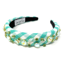 Load image into Gallery viewer, headbands for women, baroque headband, handmade headbands, light green gingham headband, green headband, gingham headband, embellished headband, rhinestone headband, bejeweled headband, luxury headband, jeweled headband, checkered jeweled headband, bling headband, embellished knot headband, luxury knot headband, knot headband, rhinestone knot headband, bejeweled accessories, jeweled headband, spring headbands, custom headband, embellished headband, padded headband, best selling items