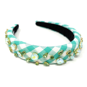 headbands for women, baroque headband, handmade headbands, light green gingham headband, green headband, gingham headband, embellished headband, rhinestone headband, bejeweled headband, luxury headband, jeweled headband, checkered jeweled headband, bling headband, embellished knot headband, luxury knot headband, knot headband, rhinestone knot headband, bejeweled accessories, jeweled headband, spring headbands, custom headband, embellished headband, padded headband, best selling items