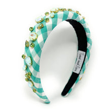 Load image into Gallery viewer, headbands for women, baroque headband, handmade headbands, light green gingham headband, green headband, gingham headband, embellished headband, rhinestone headband, bejeweled headband, luxury headband, jeweled headband, checkered jeweled headband, bling headband, embellished knot headband, luxury knot headband, knot headband, rhinestone knot headband, bejeweled accessories, jeweled headband, spring headbands, custom headband, embellished headband, padded headband, best selling items