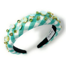 Load image into Gallery viewer, headbands for women, baroque headband, handmade headbands, light green gingham headband, green headband, gingham headband, embellished headband, rhinestone headband, bejeweled headband, luxury headband, jeweled headband, checkered jeweled headband, bling headband, embellished knot headband, luxury knot headband, knot headband, rhinestone knot headband, bejeweled accessories, jeweled headband, spring headbands, custom headband, embellished headband, padded headband, best selling items