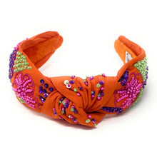 Load image into Gallery viewer, headband for women, orange Knot headband, summer headband, summer knotted headband, summer top knot headband, Summer top knotted headband, orange floral knotted headband, Summer hair band, beaded orange headband, floral knot headband, orange top knot headband, top knotted headband, summer knotted headband, orange lover gifts, Beaded embellished headband, Birthday gifts, Summer Knot headband, Summer knot embellished headband, Bright orange headband