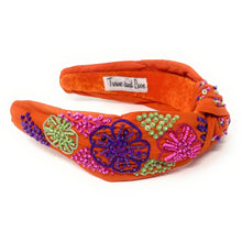 Load image into Gallery viewer, headband for women, orange Knot headband, summer headband, summer knotted headband, summer top knot headband, Summer top knotted headband, orange floral knotted headband, Summer hair band, beaded orange headband, floral knot headband, orange top knot headband, top knotted headband, summer knotted headband, orange lover gifts, Beaded embellished headband, Birthday gifts, Summer Knot headband, Summer knot embellished headband, Bright orange headband