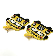 Load image into Gallery viewer, custom beaded Earrings, jeweled Earrings, School bus Beaded Earrings, teacher earrings, teacher jeweled earrings, handmade earrings, custom earrings, bejeweled accessories, teacher jewelry accessories, teacher appreciation gift, teacher gifts, birthday gifts, bohemian earrings, luxurious handmade accessories, party earrings, teacher appreciation week gifts, teaching earrings, rhinestone earrings, embellished earrings, party earrings, statement earrings, best selling items, lightweight earrings