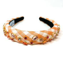 Load image into Gallery viewer, headbands for women, baroque headband, handmade headbands, orange gingham headband, orange headband, gingham headband, embellished headband, rhinestone headband, bejeweled headband, luxury headband, jeweled headband, orange jeweled headband, bling headband, embellished knot headband, luxury knot headband, knot headband, rhinestone knot headband, bejeweled accessories, jeweled headband, autumn headbands, custom headband, embellished headband, padded headband, best selling items