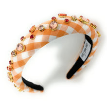 Load image into Gallery viewer, headbands for women, baroque headband, handmade headbands, orange gingham headband, orange headband, gingham headband, embellished headband, rhinestone headband, bejeweled headband, luxury headband, jeweled headband, orange jeweled headband, bling headband, embellished knot headband, luxury knot headband, knot headband, rhinestone knot headband, bejeweled accessories, jeweled headband, autumn headbands, custom headband, embellished headband, padded headband, best selling items