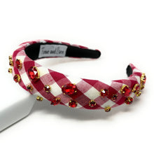 Load image into Gallery viewer, headbands for women, baroque headband, handmade headbands, maroon gingham headband, burgundy headband, gingham headband, embellished headband, rhinestone headband, bejeweled headband, luxury headband, jeweled headband, checkered jeweled headband, bling headband, auburn headband, luxury knot headband, knot headband, rhinestone knot headband, bejeweled accessories, jeweled headband, spring headbands, custom headband, embellished headband, padded headband, best selling items