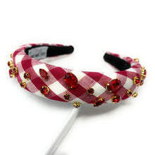 Load image into Gallery viewer, headbands for women, baroque headband, handmade headbands, maroon gingham headband, burgundy headband, gingham headband, embellished headband, rhinestone headband, bejeweled headband, luxury headband, jeweled headband, checkered jeweled headband, bling headband, auburn headband, luxury knot headband, knot headband, rhinestone knot headband, bejeweled accessories, jeweled headband, spring headbands, custom headband, embellished headband, padded headband, best selling items