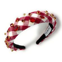 Load image into Gallery viewer, headbands for women, baroque headband, handmade headbands, maroon gingham headband, burgundy headband, gingham headband, embellished headband, rhinestone headband, bejeweled headband, luxury headband, jeweled headband, checkered jeweled headband, bling headband, auburn headband, luxury knot headband, knot headband, rhinestone knot headband, bejeweled accessories, jeweled headband, spring headbands, custom headband, embellished headband, padded headband, best selling items