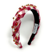 Load image into Gallery viewer, headbands for women, baroque headband, handmade headbands, maroon gingham headband, burgundy headband, gingham headband, embellished headband, rhinestone headband, bejeweled headband, luxury headband, jeweled headband, checkered jeweled headband, bling headband, auburn headband, luxury knot headband, knot headband, rhinestone knot headband, bejeweled accessories, jeweled headband, spring headbands, custom headband, embellished headband, padded headband, best selling items