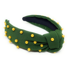 Load image into Gallery viewer, headband for women, marigold Knot headband, Baylor knotted headband, Green Bay, Green knot headband, game day headband, game day knotted headband, Green headband, Gold pearls hair band, Green yellow headbands, Green Bay headband, college knot headbands, yellow and green knotted headband, Baylor bears knotted headband, game day hair accessories, embellished headband, Baylor Bears knot headband, embellished knot headband, Baylor University accessories, custom headband, handmade headbands, knotted headband