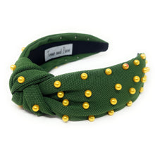 Load image into Gallery viewer, headband for women, marigold Knot headband, Baylor knotted headband, Green Bay, Green knot headband, game day headband, game day knotted headband, Green headband, Gold pearls hair band, Green yellow headbands, Green Bay headband, college knot headbands, yellow and green knotted headband, Baylor bears knotted headband, game day hair accessories, embellished headband, Baylor Bears knot headband, embellished knot headband, Baylor University accessories, custom headband, handmade headbands, knotted headband