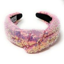 Load image into Gallery viewer, headband for women, summer Knot headband, Summer lover headband, Summer knotted headband, pink top knot headband, sequin top knotted headband, multicolor knotted headband, pink knot headband, Sequin hair band, neon knot headbands, Neon headband, statement headbands, top knotted headband, knotted headband, Multicolor accessories, embellished headband, baby pink knot headband, luxury headband, statement headband, rainbow knot headband, best selling items
