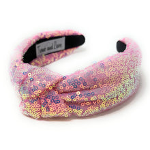 Load image into Gallery viewer, headband for women, summer Knot headband, Summer lover headband, Summer knotted headband, pink top knot headband, sequin top knotted headband, multicolor knotted headband, pink knot headband, Sequin hair band, neon knot headbands, Neon headband, statement headbands, top knotted headband, knotted headband, Multicolor accessories, embellished headband, baby pink knot headband, luxury headband, statement headband, rainbow knot headband, best selling items