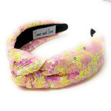 Load image into Gallery viewer, headband for women, summer Knot headband, Summer lover headband, Summer knotted headband, Multicolor top knot headband, multi color top knotted headband, multicolor knotted headband, Bright knot headband, Sequin hair band, neon knot headbands, Neon headband, statement headbands, top knotted headband, knotted headband, Multicolor accessories, embellished headband, gemstone knot headband, luxury headband, embellished knot headband, rainbow knot headband, summer knot embellished headband