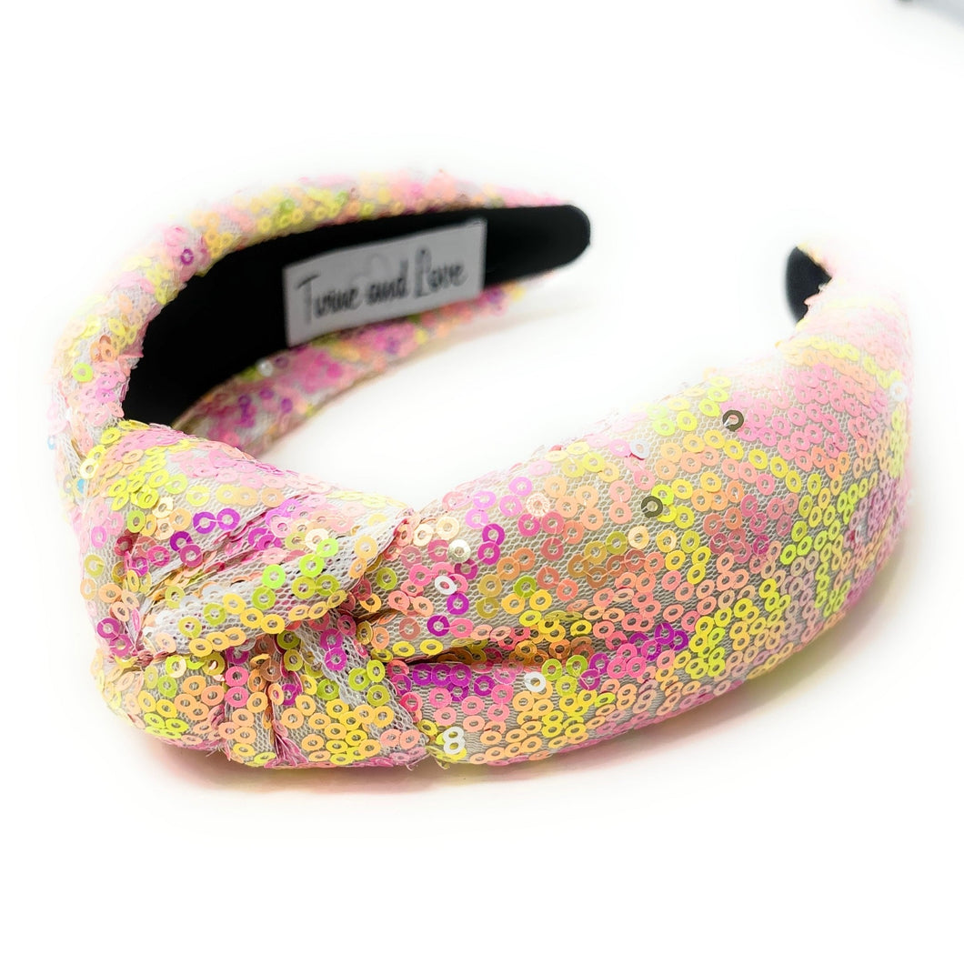 headband for women, summer Knot headband, Summer lover headband, Summer knotted headband, Multicolor top knot headband, multi color top knotted headband, multicolor knotted headband, Bright knot headband, Sequin hair band, neon knot headbands, Neon headband, statement headbands, top knotted headband, knotted headband, Multicolor accessories, embellished headband, gemstone knot headband, luxury headband, embellished knot headband, rainbow knot headband, summer knot embellished headband