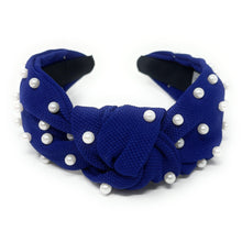 Load image into Gallery viewer, headband for women, marigold Knot headband, Baylor knotted headband, Dallas Cowboys, Dallas Cowboy knot headband, game day headband, Blue headband, White pearls hair band, Blue White headbands, Rams headband, college knot headbands, LA Rams knotted headband, New England patriots knotted headband, game day hair accessories, New England Patriots headband, embellished knot headband, Florida University accessories, custom headband, handmade headbands, knotted headband
