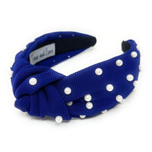 Load image into Gallery viewer, headband for women, marigold Knot headband, Baylor knotted headband, Dallas Cowboys, Dallas Cowboy knot headband, game day headband, Blue headband, White pearls hair band, Blue White headbands, Rams headband, college knot headbands, LA Rams knotted headband, New England patriots knotted headband, game day hair accessories, New England Patriots headband, embellished knot headband, Florida University accessories, custom headband, handmade headbands, knotted headband