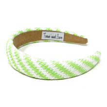 Load image into Gallery viewer, headbands for women, baroque headband, handmade headbands, neon green headband, neon headband, hair band for women, raffia headband, padded headband, neon green raffia headband, luxury headband, jeweled headband, light green knot headband, raffia baroque headband, resort headband, vacation headband, summer headband, raffia accessories, resort accessories, vacation must have, summer hair accessories, green white headband, Summer headband, handmade headband, custom headbands, handmade gifts