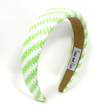 Load image into Gallery viewer, headbands for women, baroque headband, handmade headbands, neon green headband, neon headband, hair band for women, raffia headband, padded headband, neon green raffia headband, luxury headband, jeweled headband, light green knot headband, raffia baroque headband, resort headband, vacation headband, summer headband, raffia accessories, resort accessories, vacation must have, summer hair accessories, green white headband, Summer headband, handmade headband, custom headbands, handmade gifts