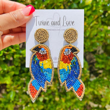 Load image into Gallery viewer, parrot Beaded Earrings, beaded parrot Earrings, fuchsia floral Earrings, parrot love Beaded Earrings, bird earrings, bird lover bead earrings, multicolor parrots beaded earrings, parrot earrings, Beaded earrings, parrot Love bead earrings, parrot seed bead earrings, parrot accessories, summer accessories, spring summer earrings, gifts for mom, best friend gifts, birthday gifts, flower earrings, parrot bead earrings, parrot earrings accessory, multicolor earrings, summer beaded earrings 