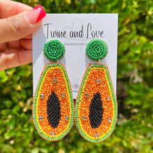 Load image into Gallery viewer, papaya Beaded Earrings, beaded pineapple Earrings, fruit Earrings, papaya  love Beaded Earrings, fruity earrings, papaya lover bead earrings, multicolor beaded earrings, tropical earrings, Beaded earrings, papaya bead earrings, papaya seed bead earrings, fruit accessories, summer accessories, spring summer earrings, gifts for mom, best friend gifts, birthday gifts, fruit jewelry, fruit bead earrings, papaya earrings accessory, multicolor earrings, summer beaded earrings 
